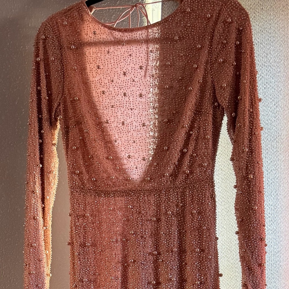 Oh Polly Beaded Long Sleeve Dress in Nude
